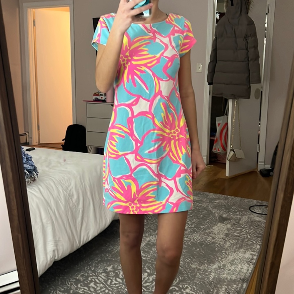 Floral bright pink and blue mahi gold dress